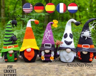Gnome ghost,gnome candy corn,witch with a broom,black witch and green witch,Crochet PDFpattern(English_US terms, German,Spanish,French,Dutch