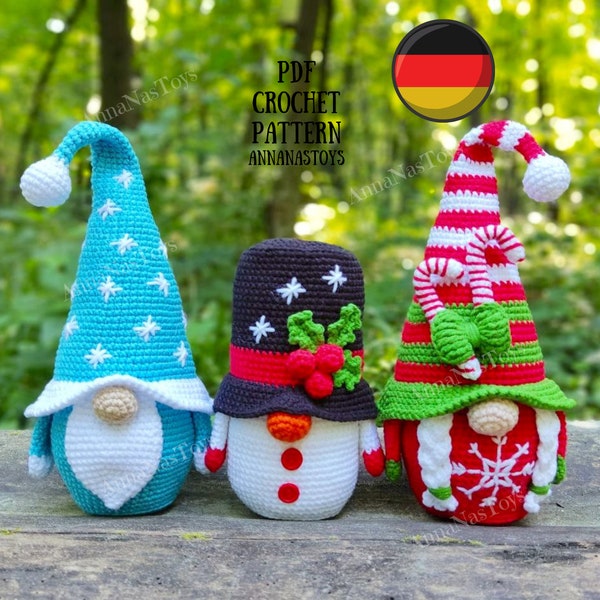 Christmas gnome, gnome Santa in blue and gnome snowman, Crochet gnome amigurumi pattern, Crochet PDF pattern (German terms)