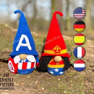 Gnome America and Wonder gnome, Crochet gnome amigurumi pattern,hero gnome,Crochet PDF pattern(English_US terms,German,Spanish,French,Dutch)