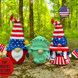 Gnomi patriottici USA e Statua della Libertà, modello all'uncinetto - Decorazione per il giorno dell'Indipendenza, 4 luglio, modello PDF (termini inglese_USA)