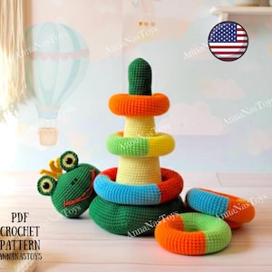 Schema PDF per anelli impilabili all'uncinetto amigurumi a forma di rana multicolore (termini inglese-americani), giocattolo per bambini da smistare, giocattolo impilabile per bambini