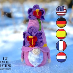 Gnome with orchids, Crochet gnome pattern with crochet orchids, Crochet PDF pattern (English_US terms, German,Spanish,French,Dutch)