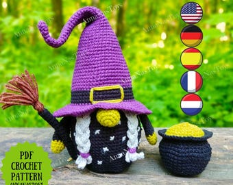 May include: Crochet pattern for a purple witch gnome with a black hat, white hair, and a yellow nose. The gnome is holding a brown broom and a black cauldron with a yellow lid. The pattern is available in PDF format.