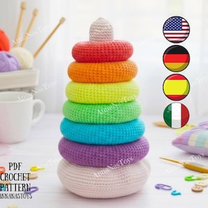 Schema PDF per realizzare un giocattolo amigurumi all'uncinetto con anelli arcobaleno impilabili (termini inglese-americano, spagnolo, tedesco, italiano)