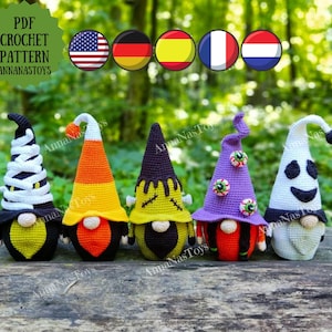 Gnomes:ghost,candy corn,Franke,mummy and witch with an eye,Halloween decor,Crochet PDF pattern(English_US terms, German,Spanish,French,Dutch