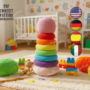 Anelli impilabili Amigurumi - Schema uncinetto arcobaleno PDF (termini inglese-americano, tedesco, spagnolo, italiano)