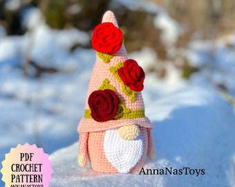 Gnome with roses, Crochet amigurumi pattern, Crochet gnome pattern with crochet roses flower, Crochet PDF pattern (English_US terms)