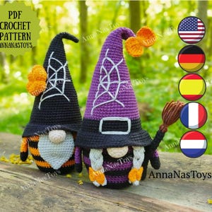 Halloween gnome and witch with a broom, Crochet Halloween decor, Crochet PDF pattern (English_US terms, German,Spanish,French,Dutch)