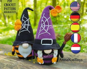 Halloween Gnome and Witch With a Broom, Crochet Halloween Decor