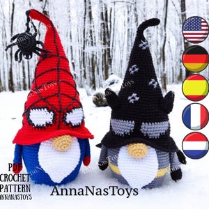 Gnome spider and gnome bat, Crochet gnome amigurumi pattern, hero gnome, Crochet PDF pattern (English_US terms,German,Spanish,French,Dutch)