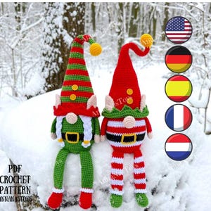 Gnomi di Natale Elfo (femmina e maschio), schema amigurumi, schema PDF all'uncinetto (termini inglese-americano, tedesco, spagnolo, francese, olandese)