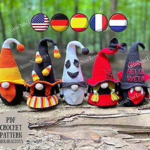 Halloween gnomes:candy corn,ghost,vampire and witch in red,Crochet decor, Crochet PDF pattern(English_US terms, German,Spanish,French,Dutch)