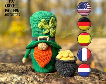 St Patrick gnome, St. Patrick's Day gnome, amigurumi pattern, Crochet PDF pattern (English_US terms,German,Spanish,French,Dutch)