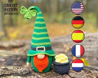 St Patrick gnome, Crochet gnome amigurumi pattern, St. Patrick's Day gnome,Crochet PDF pattern(English_US terms,German,Spanish,French,Dutch)