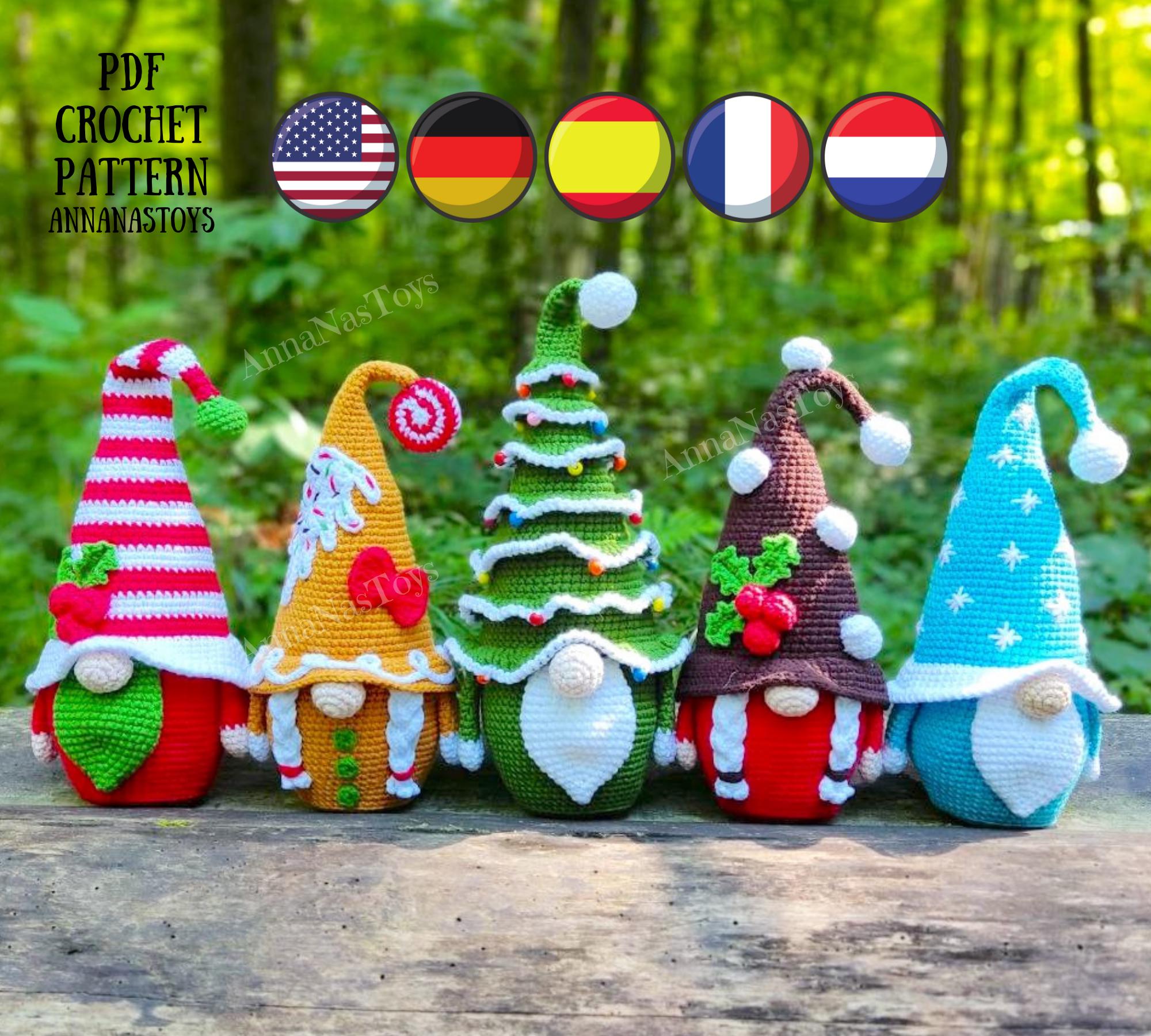 Christmas gnome,gnome cocoa,gingerbread gnome,Christmas tree and Santa,Crochet PDF pattern(English_US terms,German,Spanish,French,Dutch)