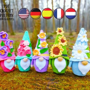 Crochet Flower Gnomes :Pansies,Narcissus,Sunflower,Chamomile and Hydrangea,Crochet Pattern PDF(English_US terms,German,Spanish,French,Dutch)