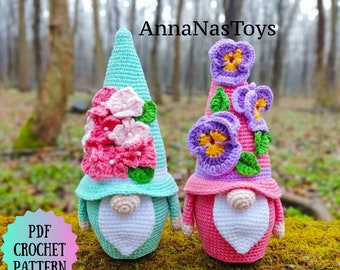 Spring gnomes , gnome pansies and hydrangea pattern, Crochet gnome pattern with flowers, Crochet PDF pattern (English_US terms)