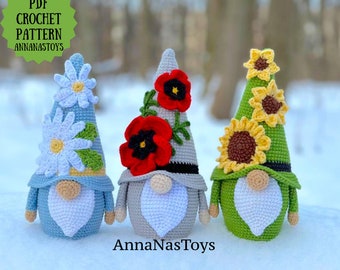 Spring gnomes, Crochet gnome amigurumi pattern, gnomes with sunflowers, poppy and chamomiles, Crochet PDF pattern (English_US terms)