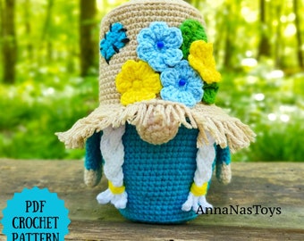 Gnome(girl) in a straw hat, Crochet gnome amigurumi pattern,Crochet gnome pattern with crochet flower,Crochet PDF pattern (English_US terms)