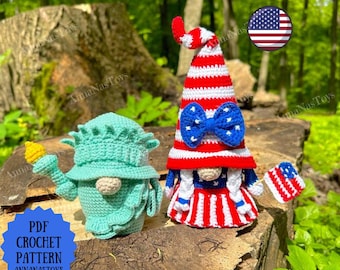 USA Patriotic Gnome (girl) and Statue of Liberty, Crochet Pattern - Independence Day Decor, 4th of July, PDF pattern (English_US terms)