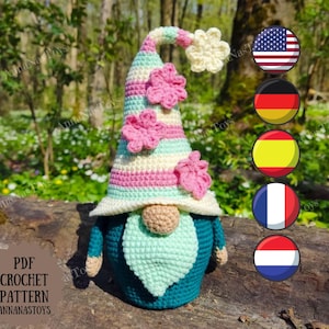 Gnomo dei fiori, gnomo di primavera, schema amigurumi, gnomo con fiori, schema PDF all'uncinetto (termini inglese_USA, tedesco, spagnolo, francese, olandese)