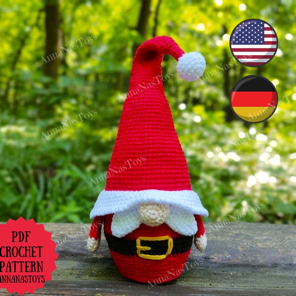 Christmas gnome Santa, Crochet gnome amigurumi pattern, gnome Santa, Crochet PDF pattern (English_US terms, Deutsch)