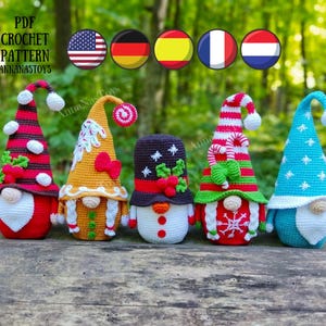 Christmas gnome,gnome cocoa,gingerbread gnome,snowman and Santa in blue,Crochet PDF pattern (English_US terms,German,Spanish,French,Dutch)