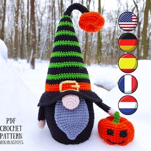 Halloween black gnome with pumpkin, amigurumi pattern, Halloween decor, Crochet PDF pattern (English_US terms, German,Spanish,French,Dutch)