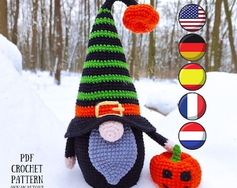 May include: A crochet Halloween gnome pattern with a black and green striped hat, an orange pumpkin, and a black and gray beard. The gnome is holding a small orange pumpkin with a smiling face. The pattern is available in PDF format.