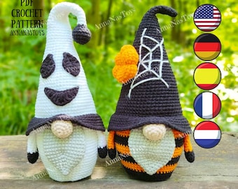 Halloween Gnom mit Zwergengeist, Halloween gehäkeltes PDF Muster, PDF gehäkelt (Englisch, Deutsch, Spanisch, Französisch, Niederländisch)