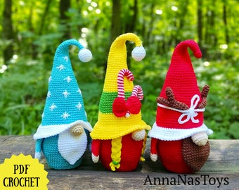 Christmas Gnome Trio - Deer, Blue Santa & Gnome with Candies, Crochet pattern PDF (English_US terms)