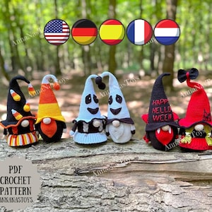 Halloween gnomes:candy corn, ghost, vampire and witch in red, set 6 in 1,Crochet PDF pattern(English_US terms, German,Spanish,French,Dutch)