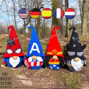 Gnome spider, gnome bat, gnome America,Wonder gnome, hero gnome, Crochet PDF pattern (English_US terms,German,Spanish,French,Dutch)