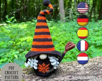 May include: A crochet gnome with a black body, white beard, and a striped orange and black hat. The gnome features a spiderweb design and a broom. The text "PDF CROCHET PATTERN ANNANASTOYS" is visible. A Halloween-themed craft.