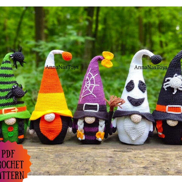 Gnome ghost,gnome candy corn,witch with a broom,black witch and green witch,Crochet Halloween decor, Crochet PDF pattern (English_US terms)
