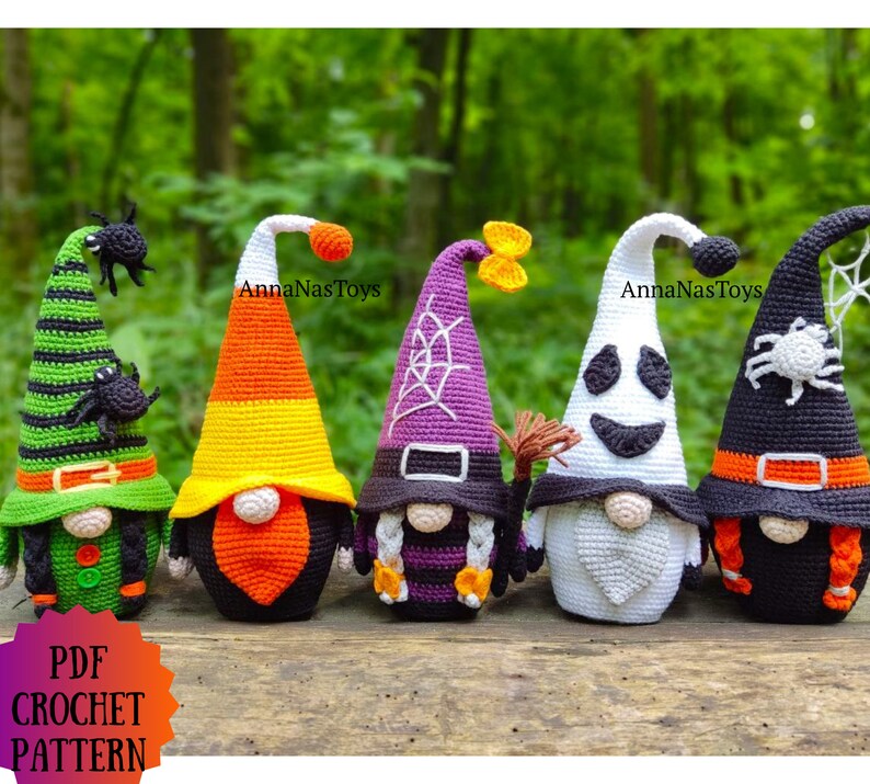 Gnome ghost,gnome candy corn,witch with a broom,black witch and green witch,Crochet Halloween decor, Crochet PDF pattern English_US terms image 1
