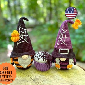 Halloween gnomes and cupcake with spider, Crochet Halloween decor, Crochet PDF pattern (English_US terms)