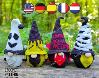 May include: A collection of handmade crochet Halloween gnomes. Each gnome has a unique design, including a ghost, Frankenstein, vampire, and mummy. The gnomes are made with various colors and textures, perfect for Halloween decor. The text "PDF CROCHET PATTERN ANNANASTOYS" is visible.