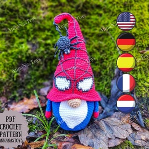 Gnome spider, Crochet gnome amigurumi pattern, hero gnome, Crochet PDF pattern (English_US terms,German,Spanish,French,Dutch)
