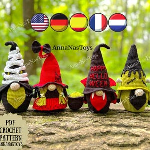 Gnomes mummy, Franke, vampire and witch in red,Crochet Halloween decor,Crochet PDF pattern (English_US terms, German,Spanish,French,Dutch)
