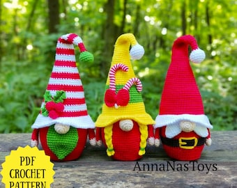 Christmas gnomes (boy and girl with candy canes) and gnome Santa, Crochet gnome amigurumi pattern, Crochet PDF pattern (English_US terms)