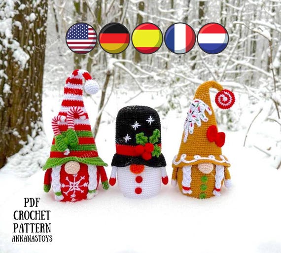 Christmas gnome(girl), Gingerbread gnome(girl) and gnome snowman, Crochet PDF pattern (English_US terms, German, Spanish, French, Dutch)