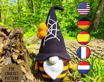ハロウィンのノーム（男の子）、編みぐるみのパターン、かぎ針編みのハロウィン装飾、かぎ針編みのPDFパターン（英語_米国用語、ドイツ語、スペイン語、フランス語、オランダ語）