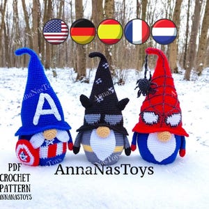 Gnome spider, gnome bat, gnome America, amigurumi pattern, hero gnome, Crochet PDF pattern (English_US terms,German,Spanish,French,Dutch)