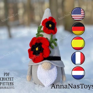 Gnomo con fiore di papavero, schema amigurumi, gnomo con fiore di papavero all'uncinetto, schema PDF all'uncinetto (termini inglese-USA, tedesco, spagnolo, francese, olandese)