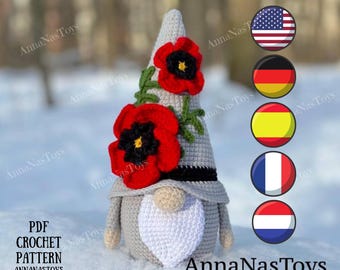 Gnome with poppy flower,amigurumi pattern,gnome with crochet poppy flower,Crochet PDF pattern(English_US terms, German,Spanish,French,Dutch)