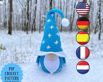 Christmas Gnome Crochet PDF Pattern, Blue Holiday Amigurumi (English_US terms, German, Spanish, French, Dutch)