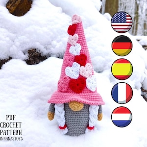 Crochet Valentine gnome pattern (girl), Valentines day gnome crochet pattern, PDF pattern (English_US terms,German,Spanish,French,Dutch)