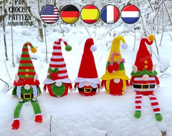 Christmas Elf gnomes and gnome Santa, Crochet gnome amigurumi pattern, Crochet PDF pattern (English_US terms,German,Spanish,French,Dutch)