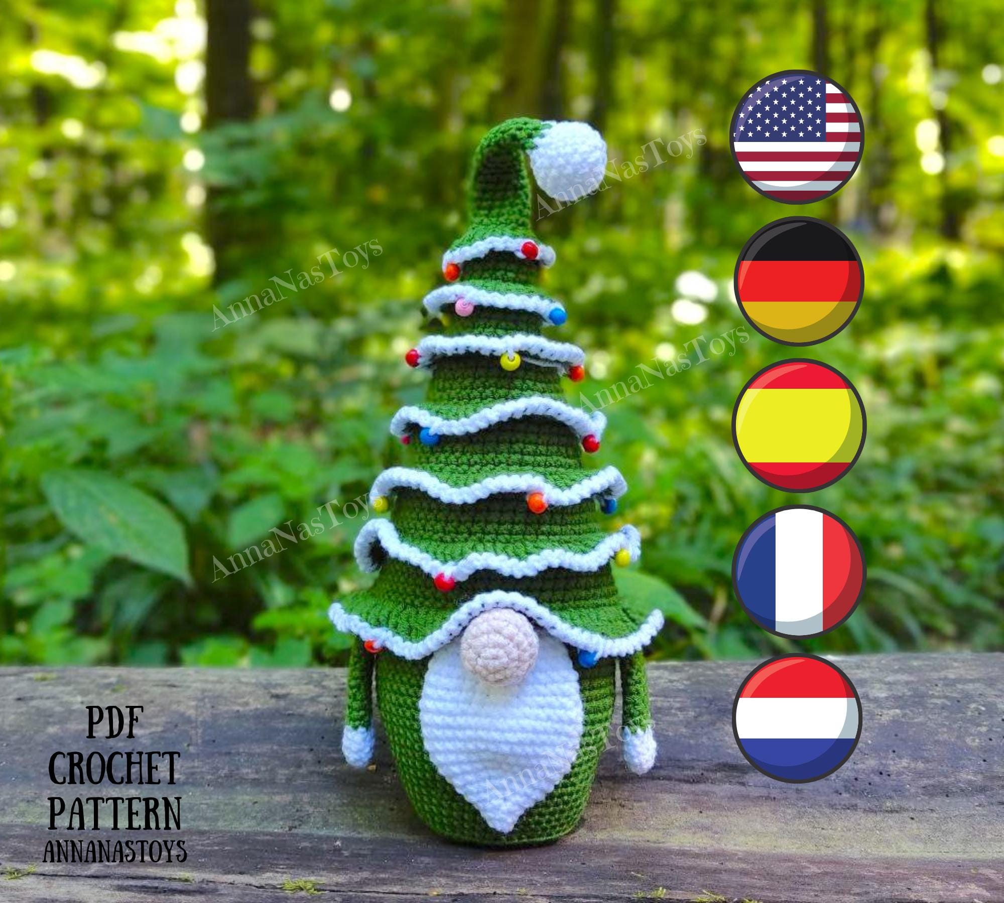 Сhristmas tree gnome, Crochet gnome amigurumi pattern, Сhristmas gnome, Crochet PDF pattern (English_US terms,German,Spanish,French,Dutch)